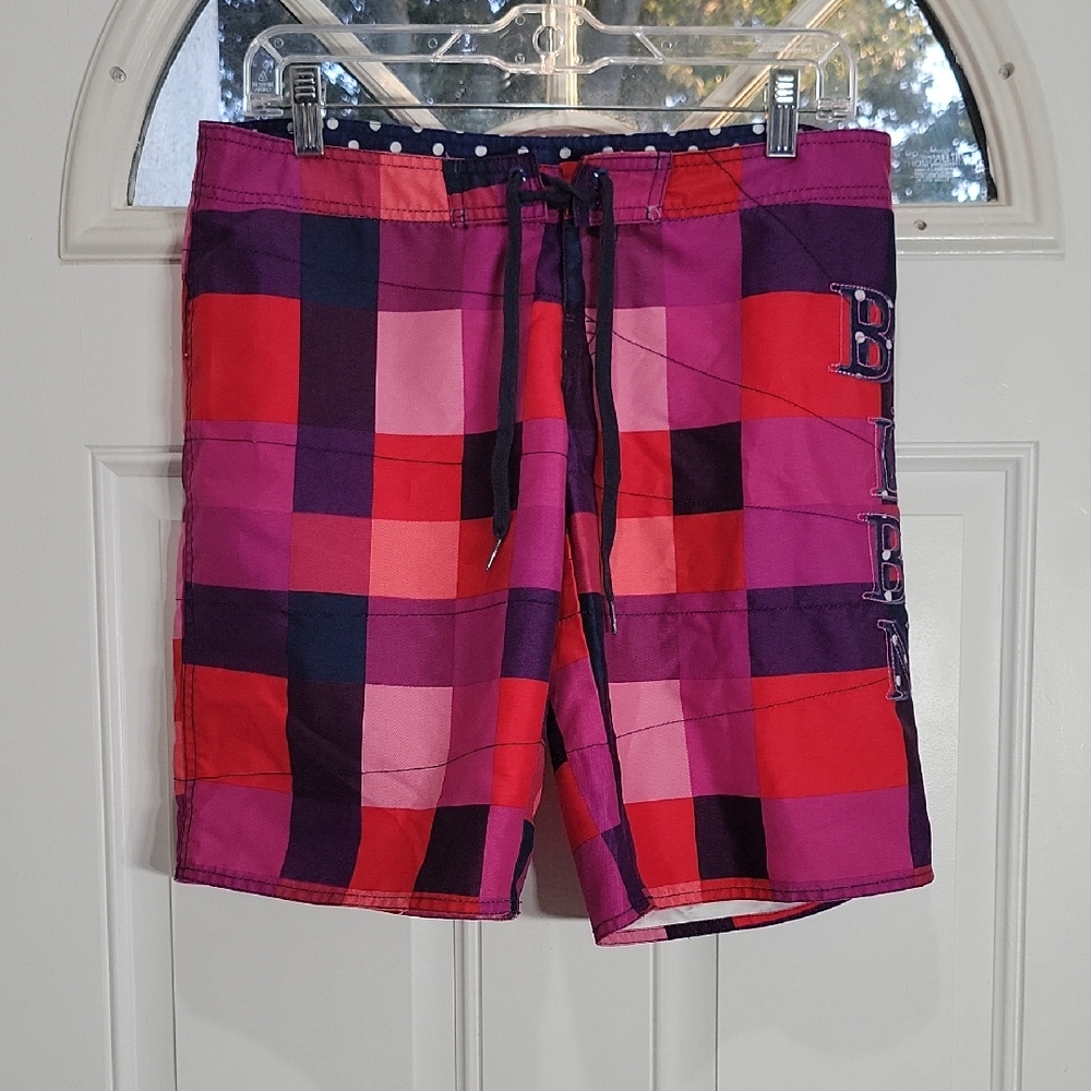 Billabong Men's/Junior Checkered Swim Shorts - Red and Purple Size 7